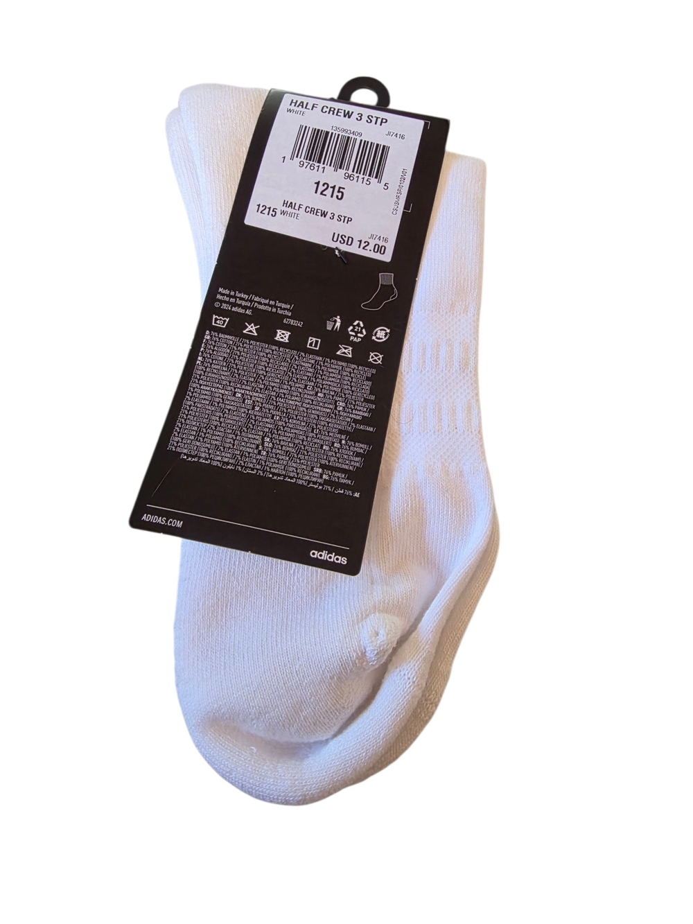 New adidas Men’s White and Black Athletic Half-Crew Socks 1 Pair - Picture 2 of 4
